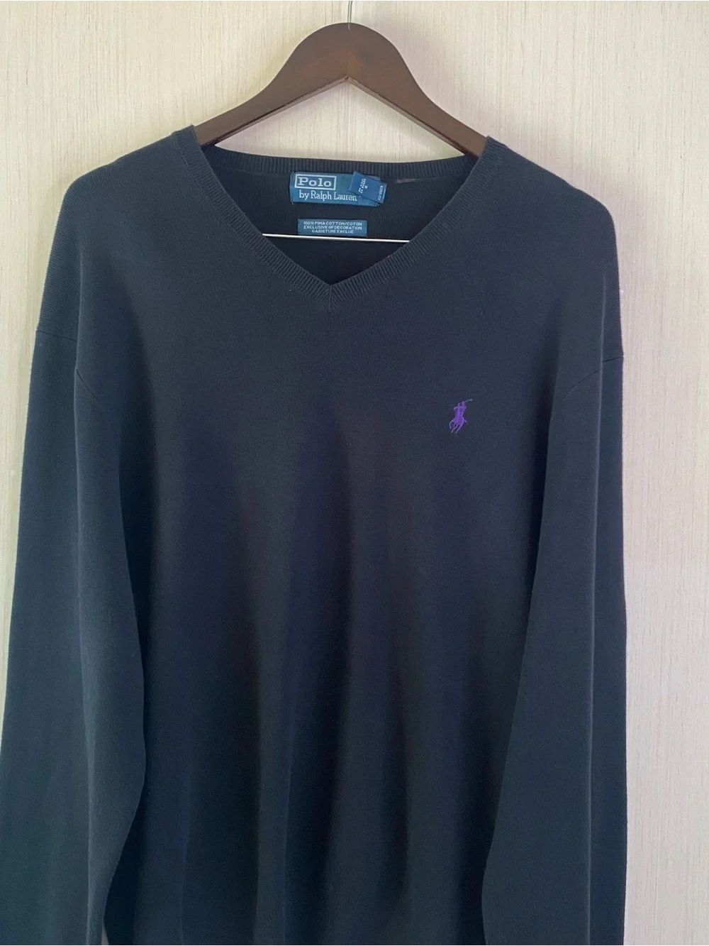 Polo by Ralph Lauren Men's Black V-Neck 100% Pima Cotton Sweater Purple Pony XXL